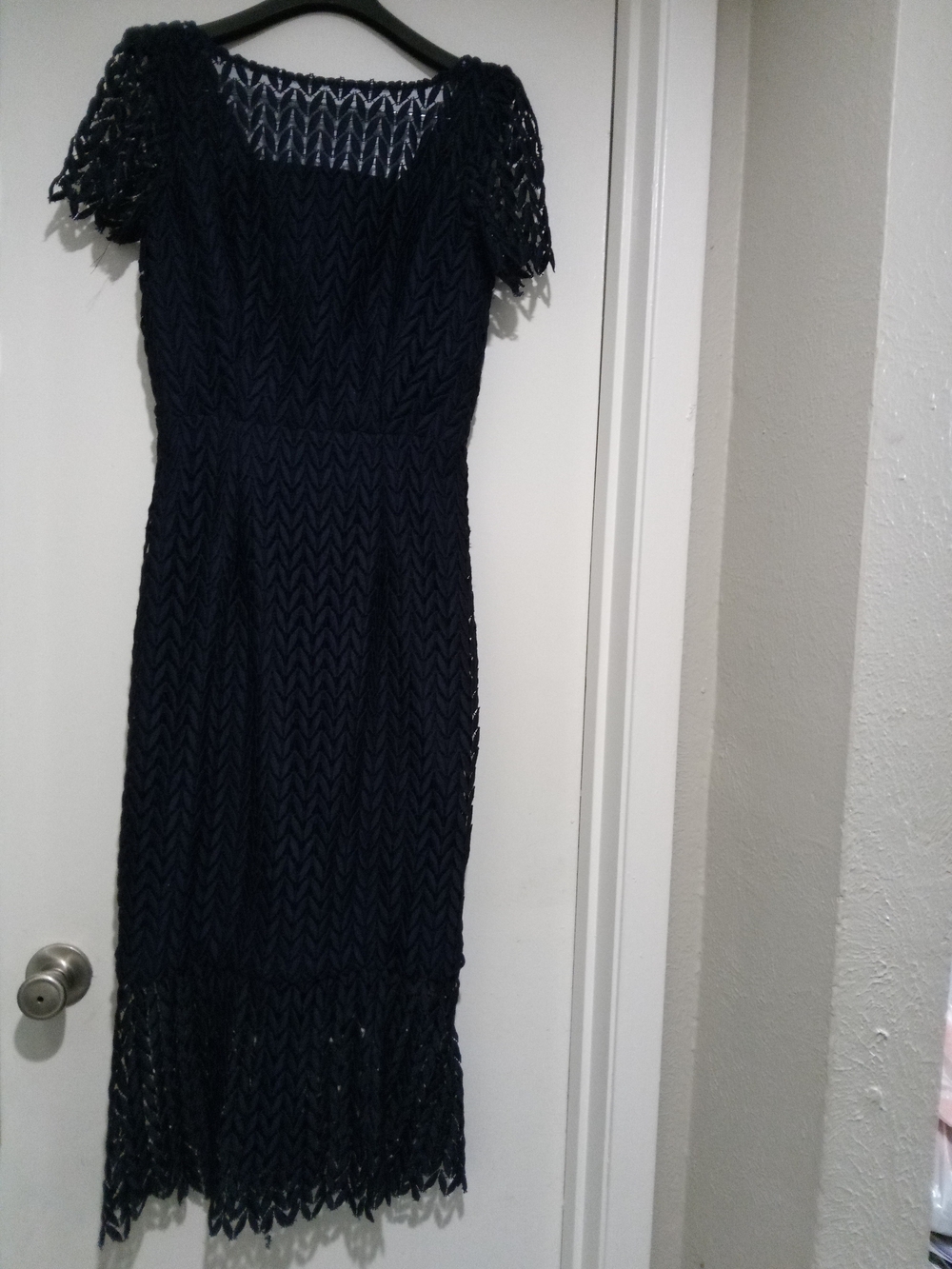 Kay Unger Navy Lace Midi Dress with Short Sleeves